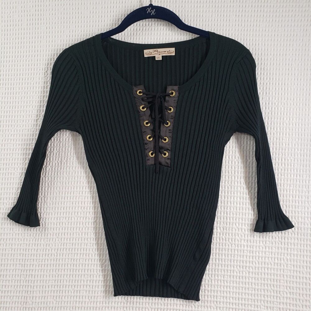Lucy Collection Sweater Womens Medium Black Y2k Ribbed Stretch Lace Up Casual